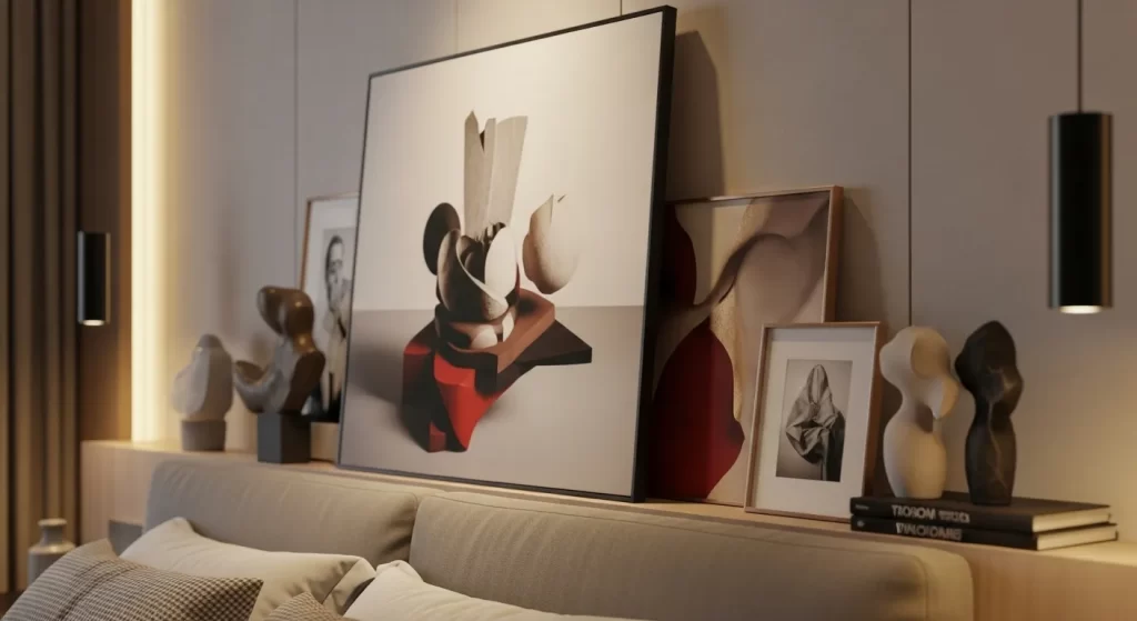 Vista parcial de una pared sobre el cabecero de la cama en un dormitorio estilo <<ESTILO>>, con un cuadro de gran formato o composición artística.  
Objetos decorativos como esculturas sutiles o fotografías enmarcadas, dispuestos con equilibrio.  
Iluminación suave que resalta el arte y mantiene un ambiente íntimo.  
Canon EOS R5, lente 35mm f/1.8, enfoque selectivo en la obra principal, profundidad cinematográfica.