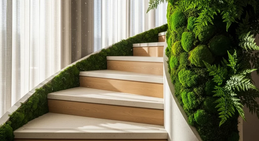 Escaleras helicoidales de diseño orgánico y biofilia integrada en muros, tendencias clave en arquitectura interior 2026