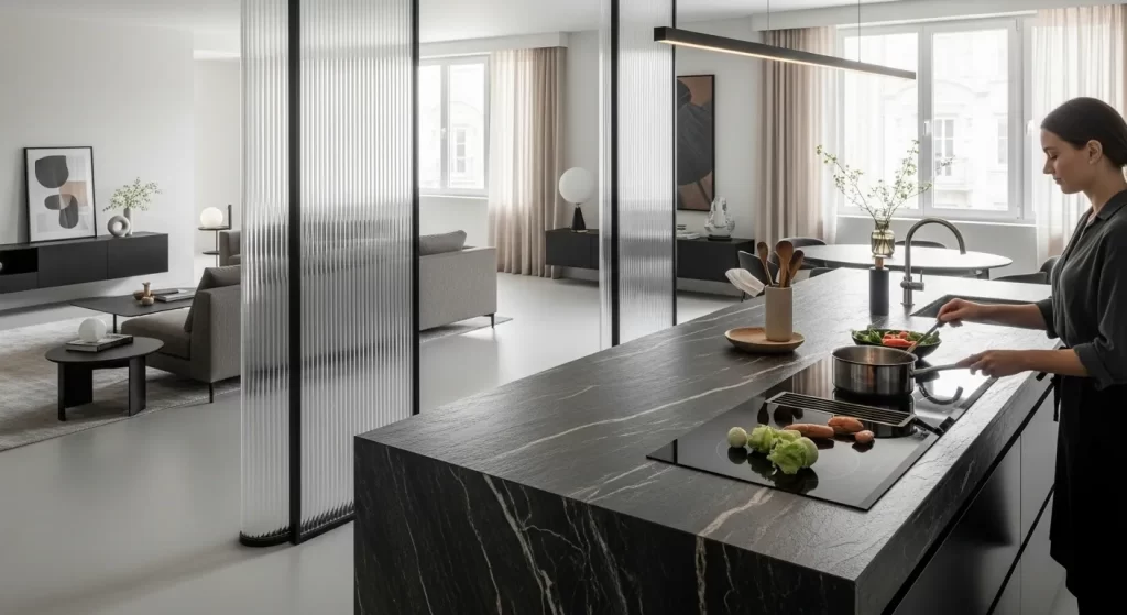Cocina moderna minimalista con tecnología invisible y encimera de inducción integrada directamente en la superficie de piedra