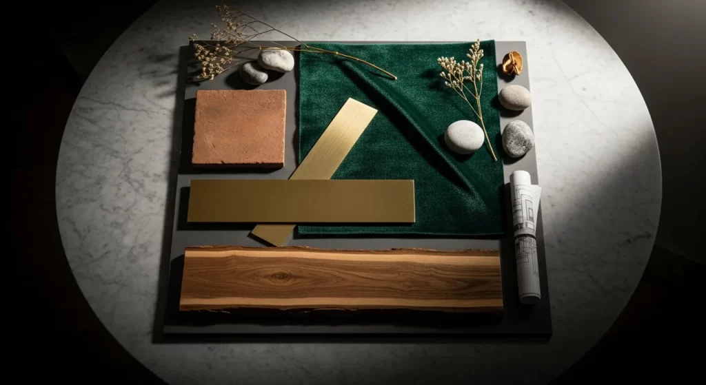 Paleta de colores de moda para 2026 mostrando texturas en verde abisal, terracota ahumado y materiales naturales