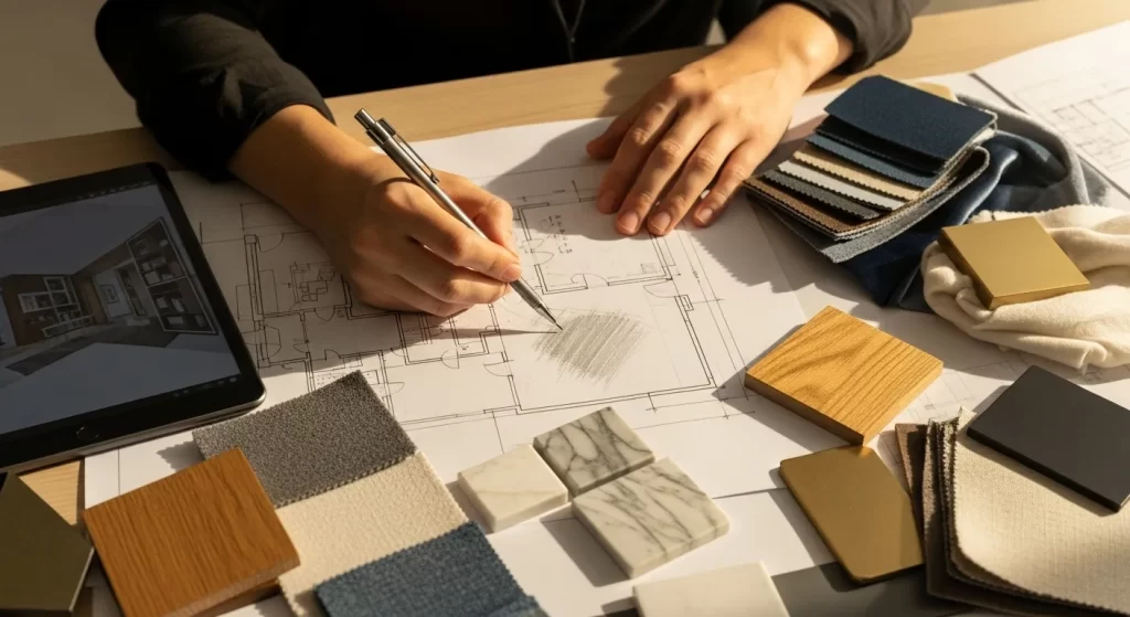 Diseñador de interiores César Serrano trabajando en planos y selección de materiales exclusivos para proyecto de alto nivel