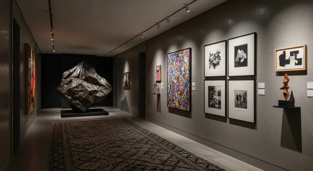 Pasillo decorado con arte y texturas ricas, representando la tendencia de maximalismo curado y elegante en decoración