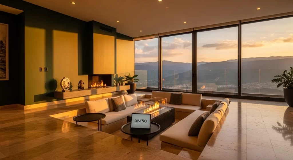 Diseño interior de penthouse de lujo en Medellín con sala hundida conversation pit y vistas panorámicas