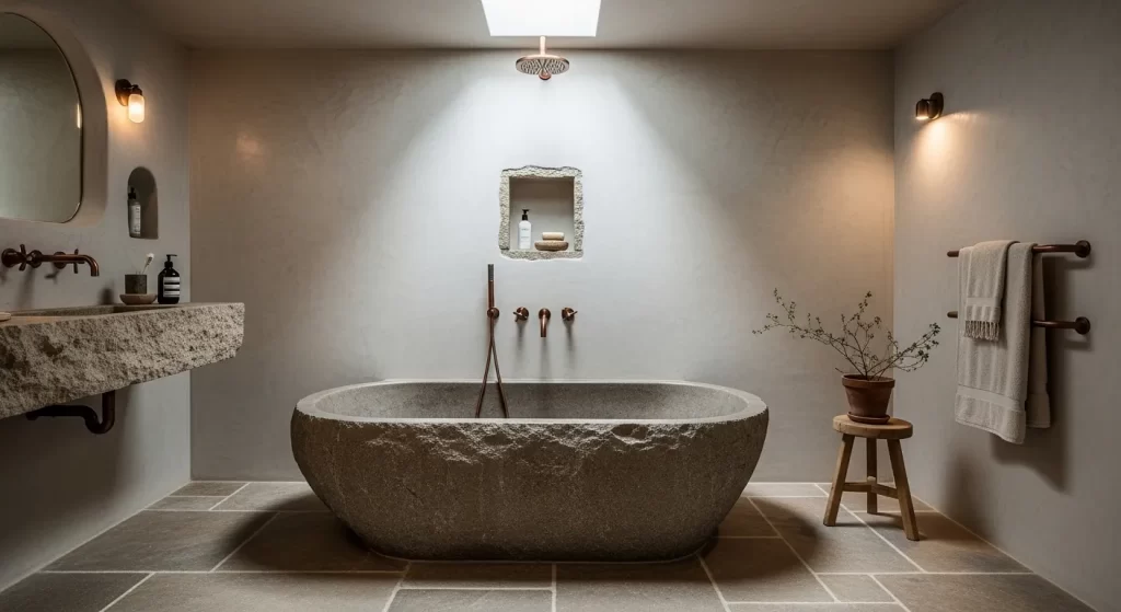 Baño de lujo con bañera de piedra natural y acabados sostenibles, ejemplo de materialidad consciente y exclusiva