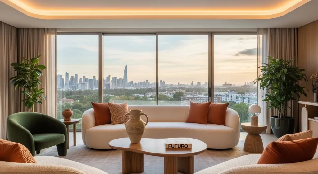 Sala de estar moderna aplicando el lujo silencioso y sistemas de iluminación circadiana para el bienestar en el hogar