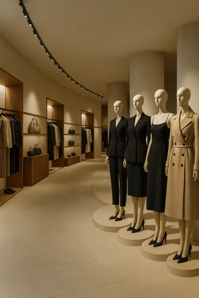 Interior de boutique de moda de lujo con diseño estratégico, iluminación cálida y circulación fluida diseñado por el arquitecto de interiores César Serrano.