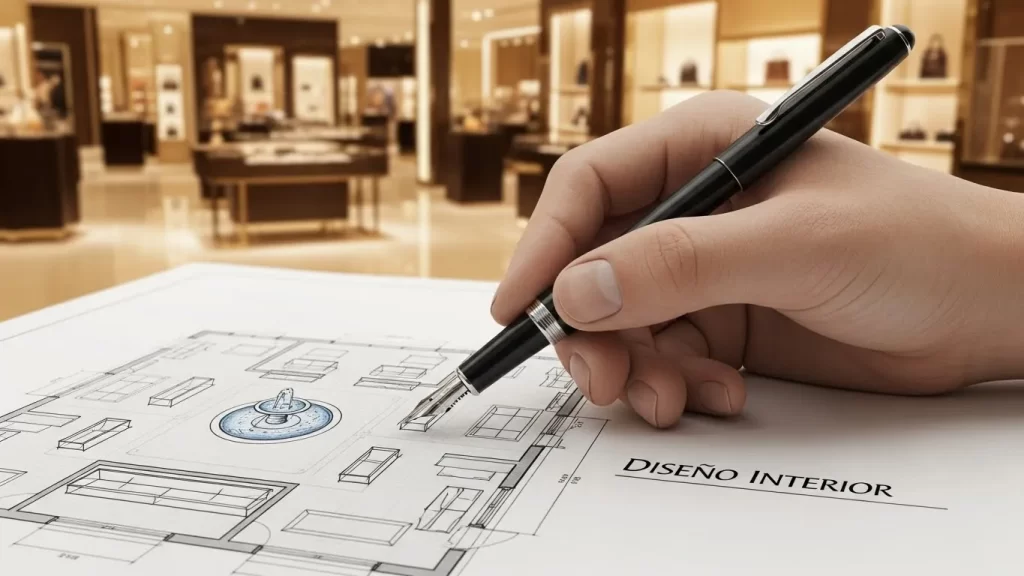 Manos de arquitecto dibujando planos de distribución para un proyecto de diseño interior comercial, mostrando el proceso creativo profesional.
