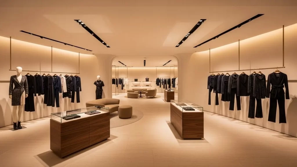 Interior de boutique de moda de lujo con diseño estratégico, iluminación cálida y circulación fluida diseñado por el arquitecto de interiores César Serrano.