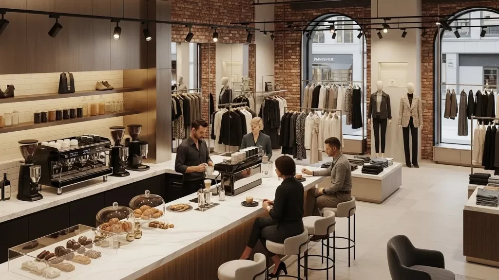 Tendencia de diseño retail 2025 integrando una barra de café de especialidad dentro de una tienda de ropa de moda para aumentar la permanencia.