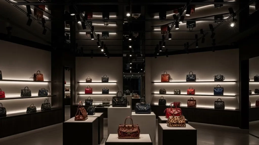 Detalle de iluminación comercial de acento sobre estanterías de lujo para resaltar texturas de productos y aumentar la intención de compra.