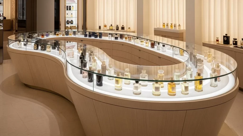 Mobiliario comercial a medida en madera y vidrio diseñado por César Serrano para optimizar la exhibición de productos exclusivos.