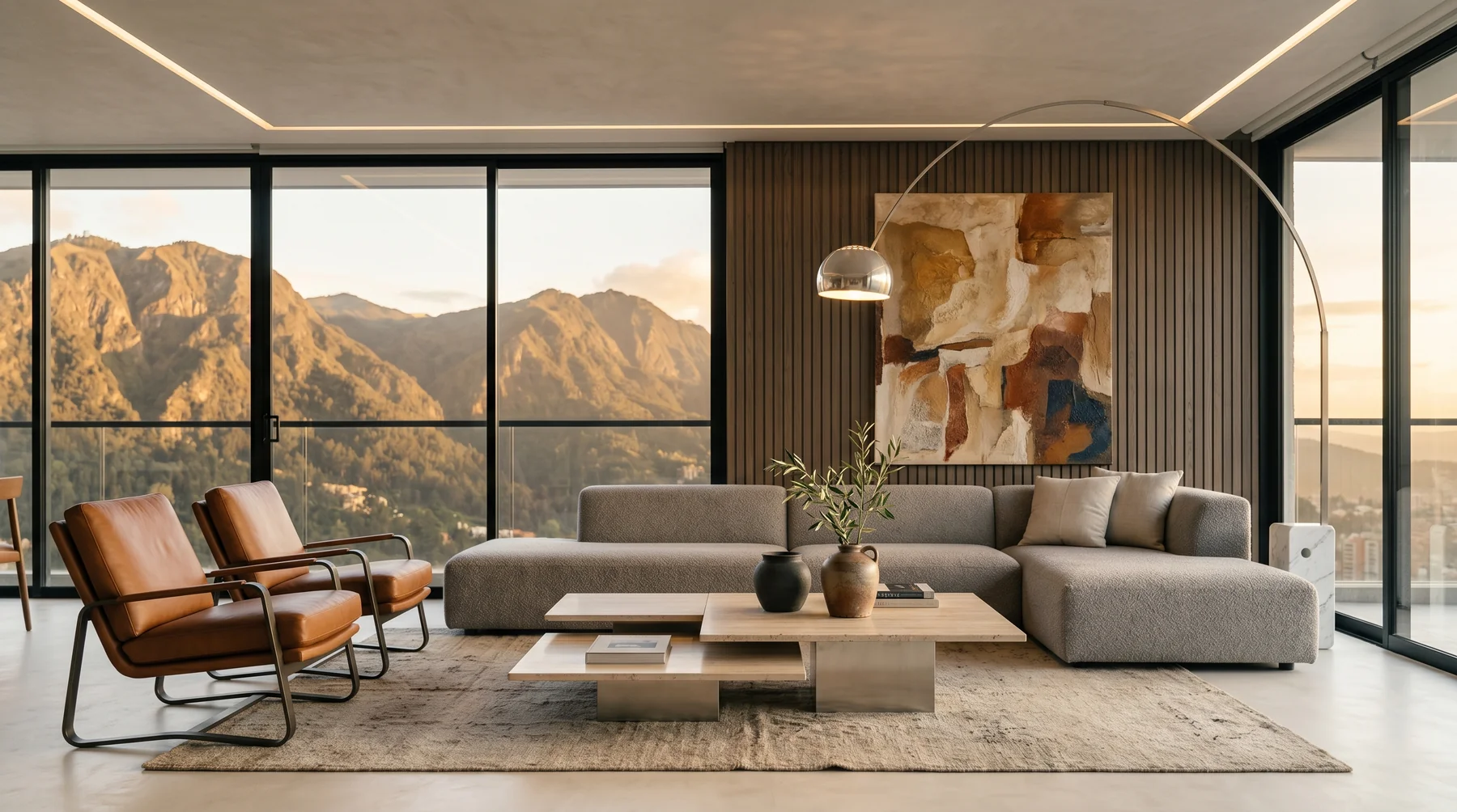 Sala de apartamento de lujo en Rosales, Bogotá, con iluminación en capas y vista a los cerros orientales · diseño César Serrano