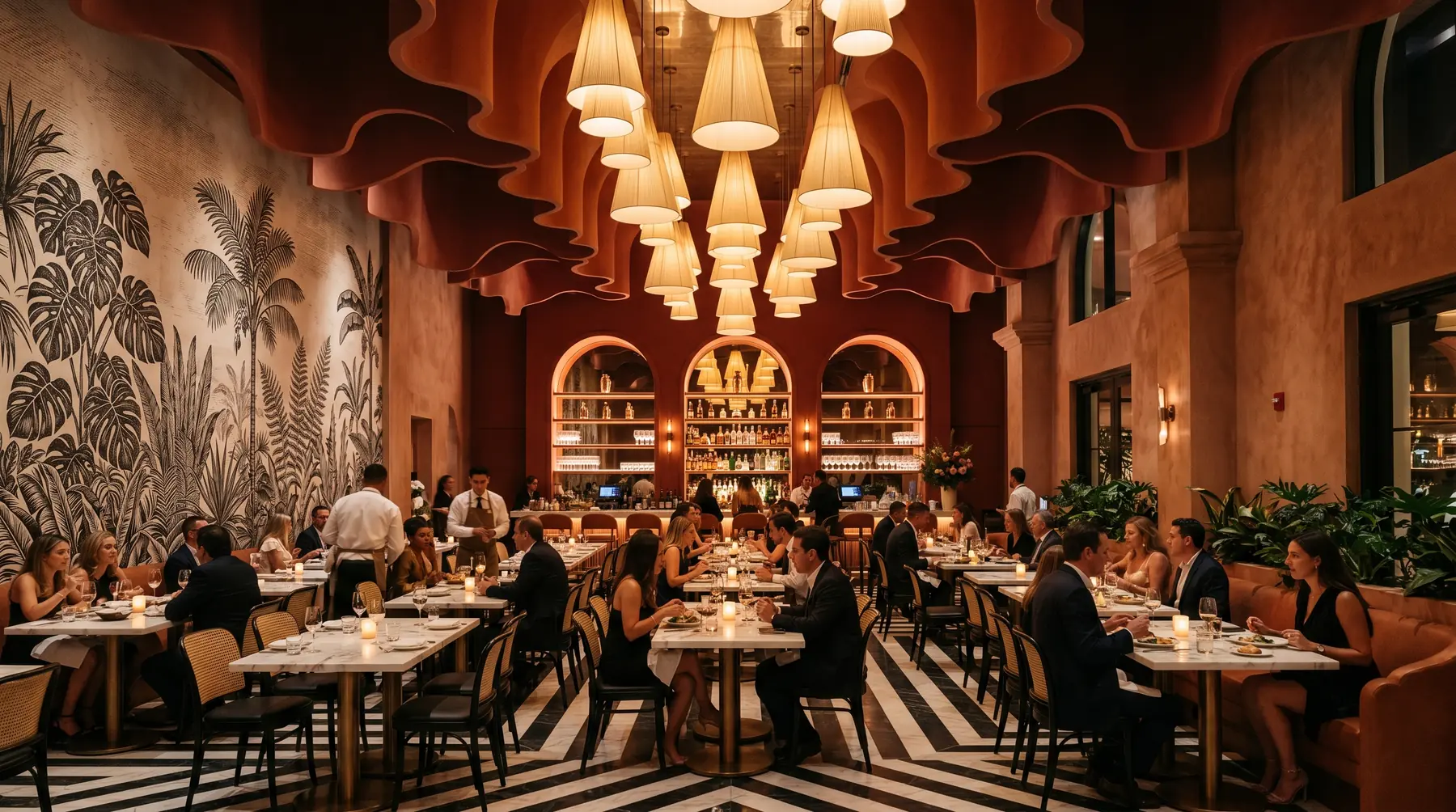 Arquitectura interior de restaurante de lujo con bóvedas, plaster en terracota y suelo Cosmati con bandas geométricas · interiorismo César Serrano