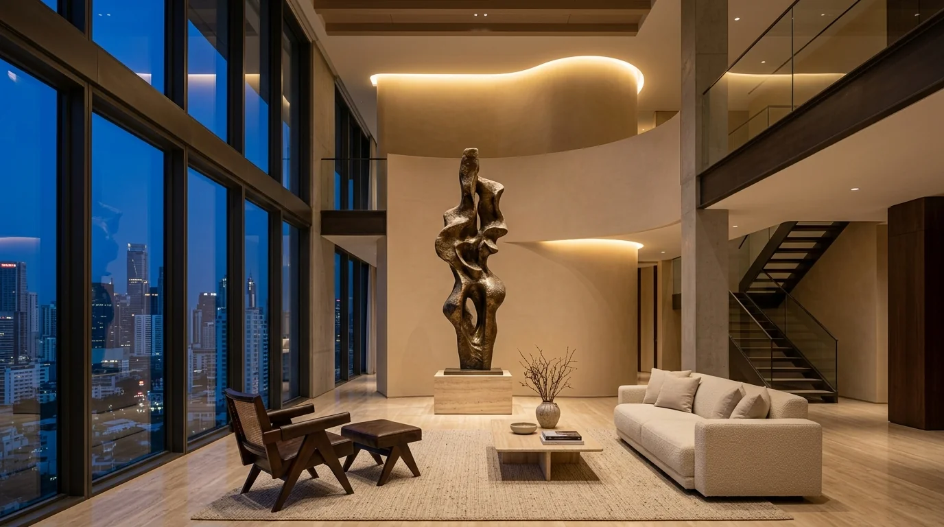 Espacio de doble altura con escultura monumental y skyline de ciudad al atardecer, diseño de interiores de alto nivel