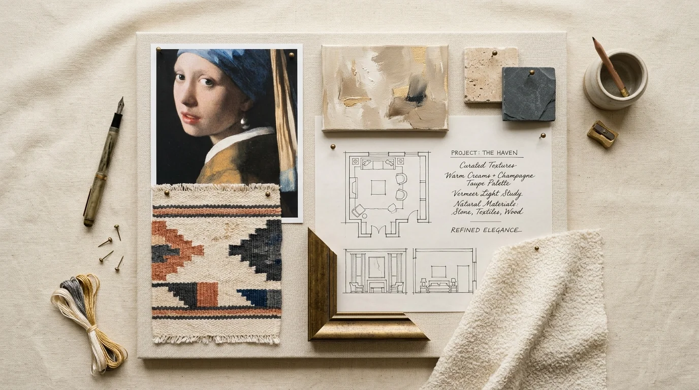 Mood board de diseñador de interiores con referencias de arte, muestras de piedra y planos arquitectónicos