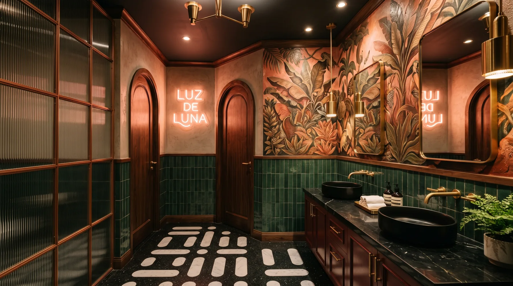 Baños de restaurante de lujo con mural pintado a mano en tonos coral, vessel sinks negros en mármol, neón firma y partición de reeded glass · diseño César Serrano
