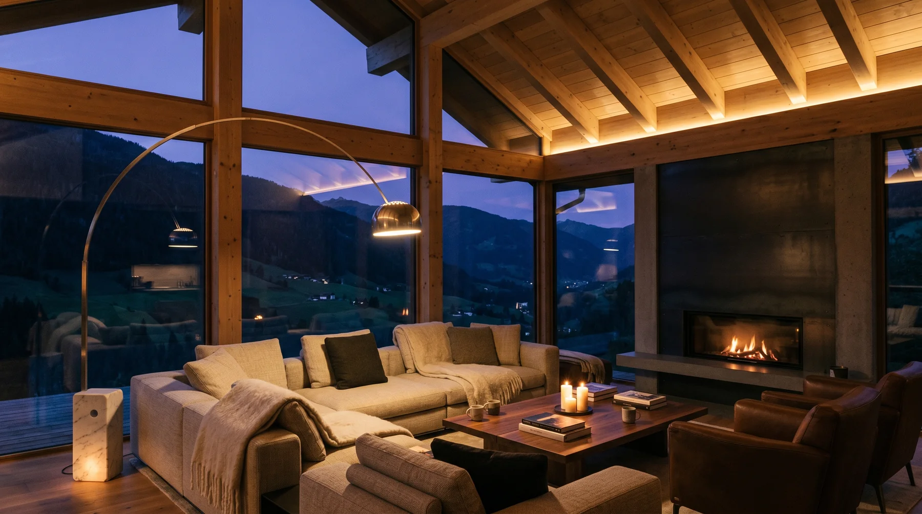 Cabaña de lujo en los Andes colombianos al anochecer, iluminación cálida en capas y vista al paisaje · diseño César Serrano