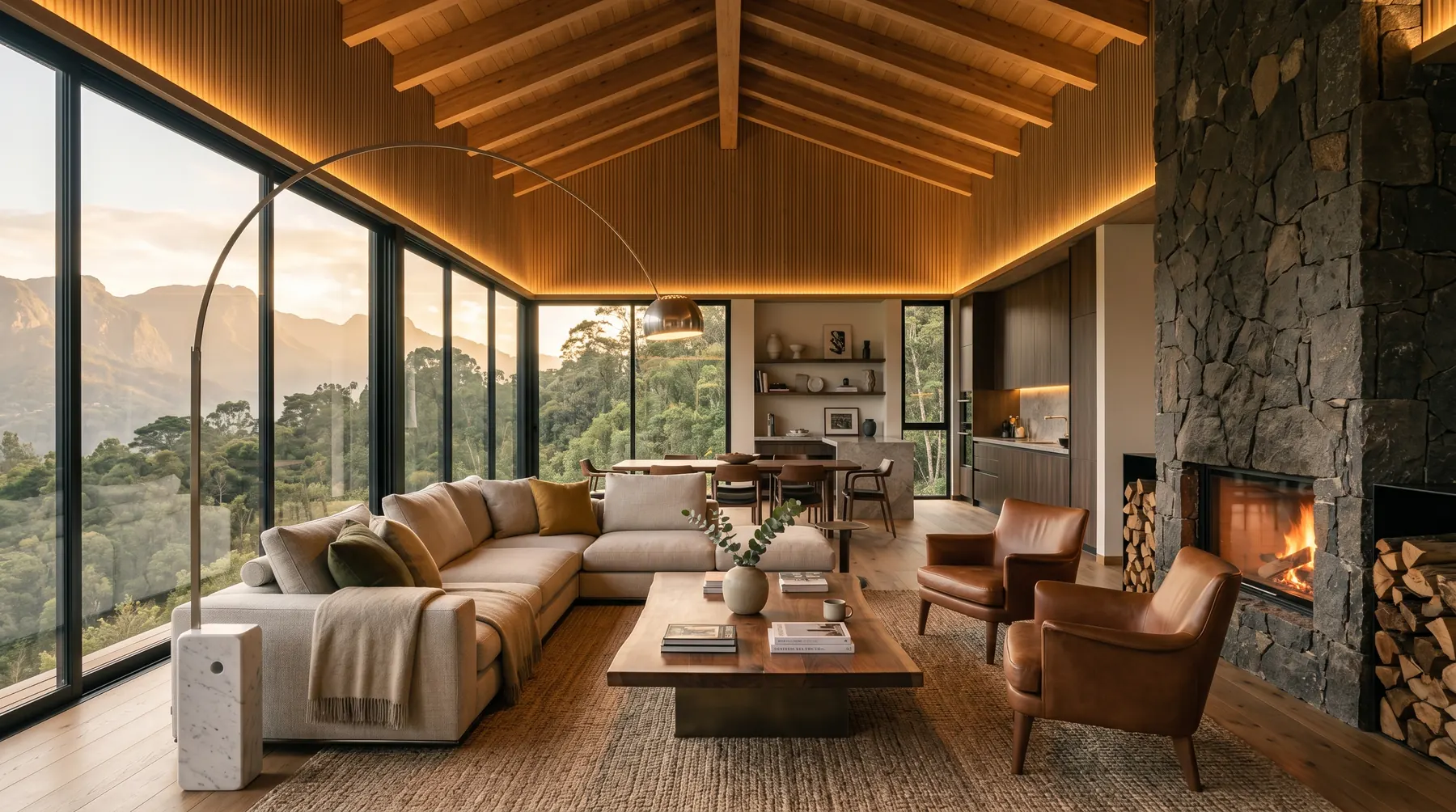 Cabaña de lujo en Llanogrande, Antioquia, con chimenea de piedra natural, ventanal panorámico y mobiliario contemporáneo · diseño César Serrano