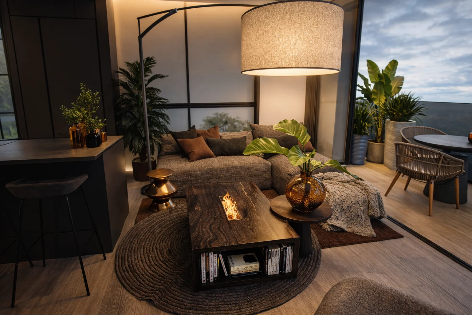 Cabaña Bruma · Salón con materialidad industrial brutalista