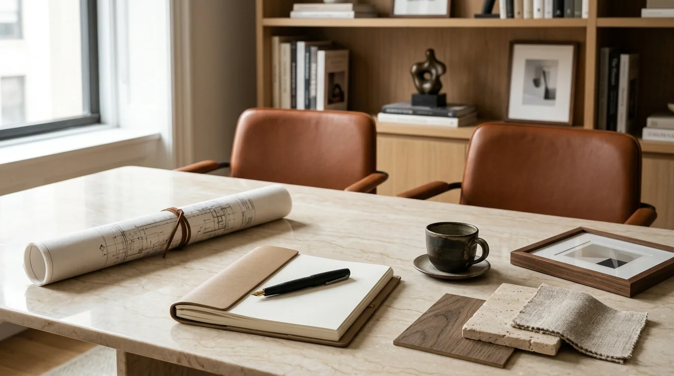 Mesa de reunión con planos arquitectónicos, swatches y butacas de cuero cognac en estudio de diseño de interiores de lujo