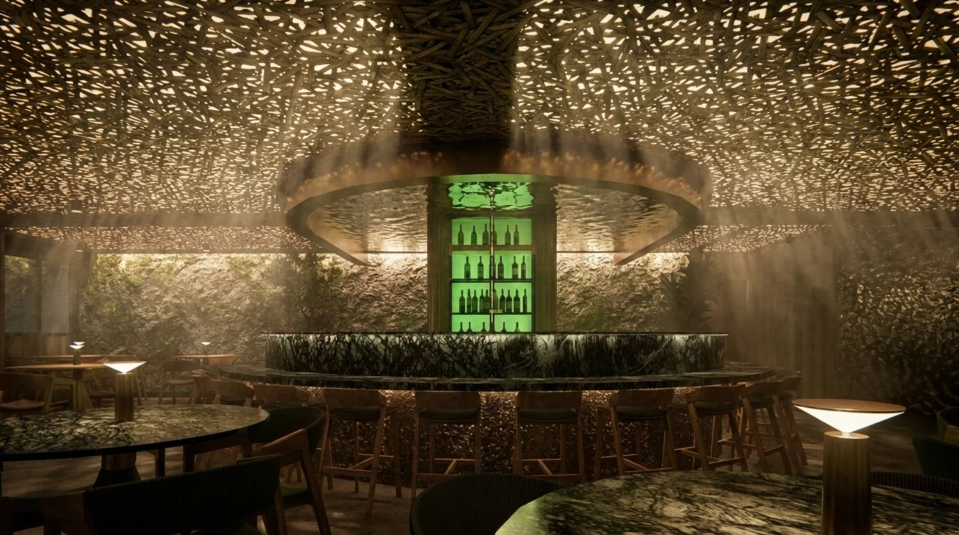 Sepia · Vista del salón con vegetación integrada