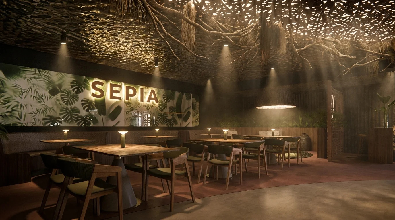 Sepia · Vista de las mesas y mobiliario