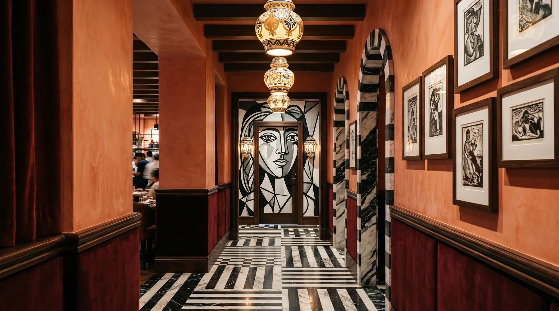 Corredor que anticipa los baños en restaurante de lujo, mural pintado a mano en blanco y negro, suelo de mármol rayado · interiorismo César Serrano