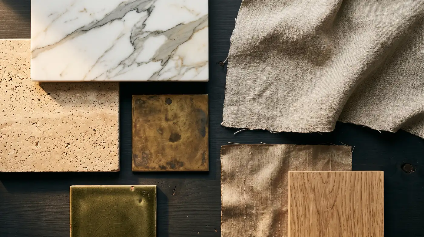 Curaduría de materiales nobles · paleta de acabados para residencia high-end · mármol, travertino, latón y textiles naturales