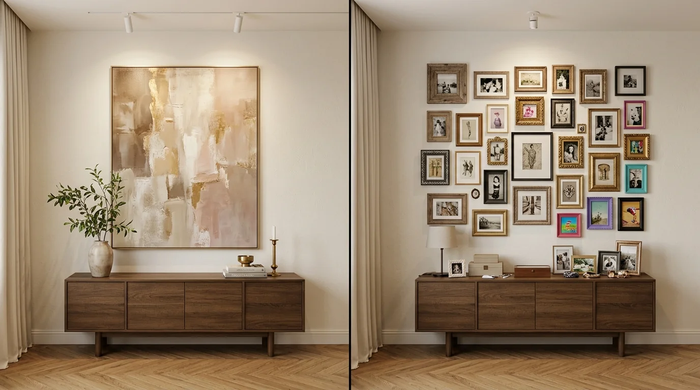 Comparación entre una pared con curaduría de arte correcta y otra con muro saturado y mal escalado
