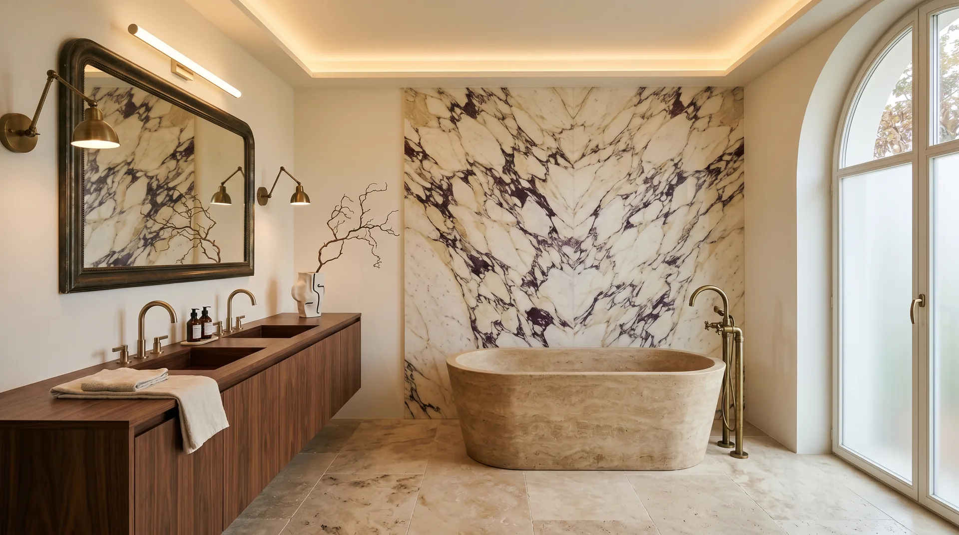 Baño de suite de hotel boutique de lujo con bañera de piedra de Bali y mármol Calacatta Viola