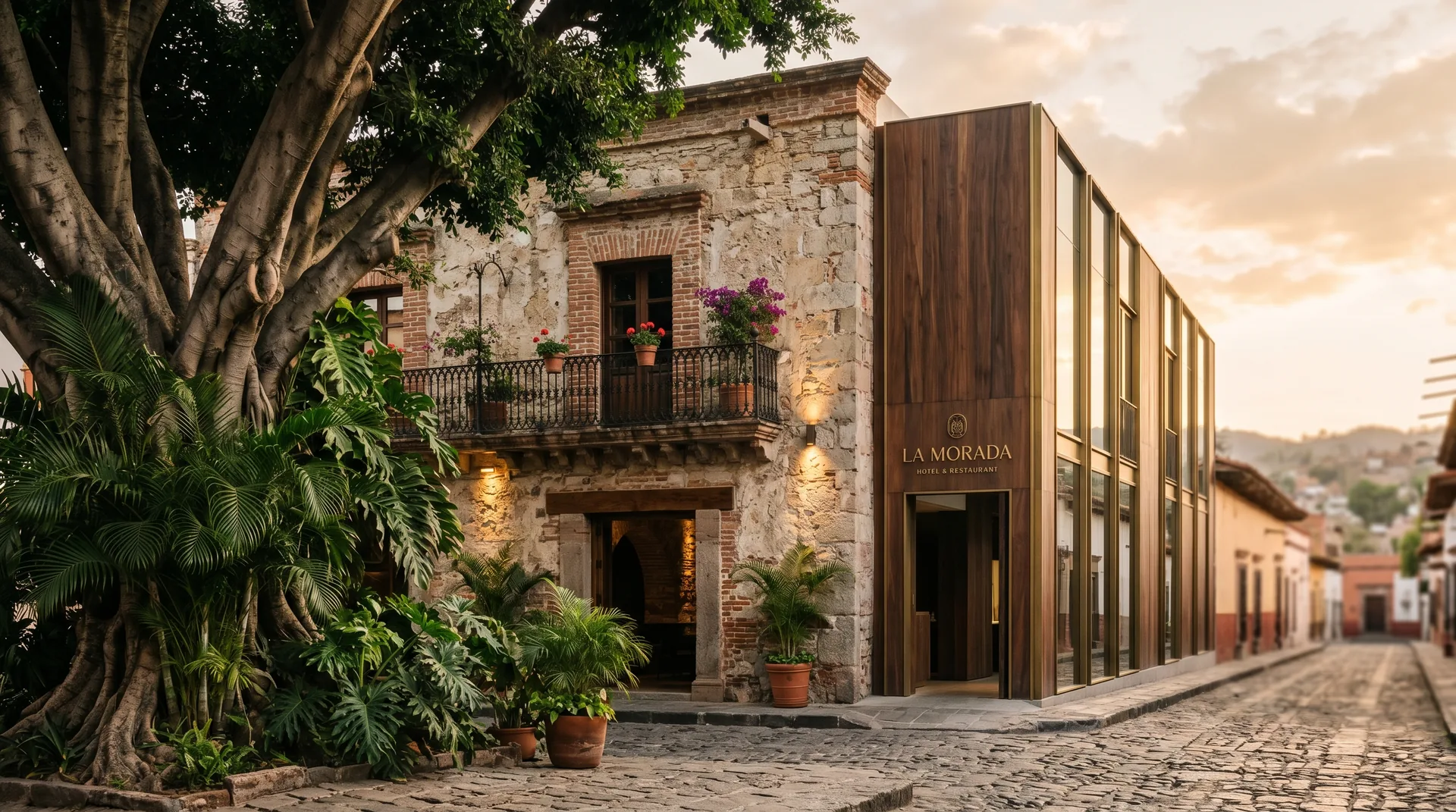 Fachada de hotel boutique en transformación con arquitectura híbrida colonial y contemporánea