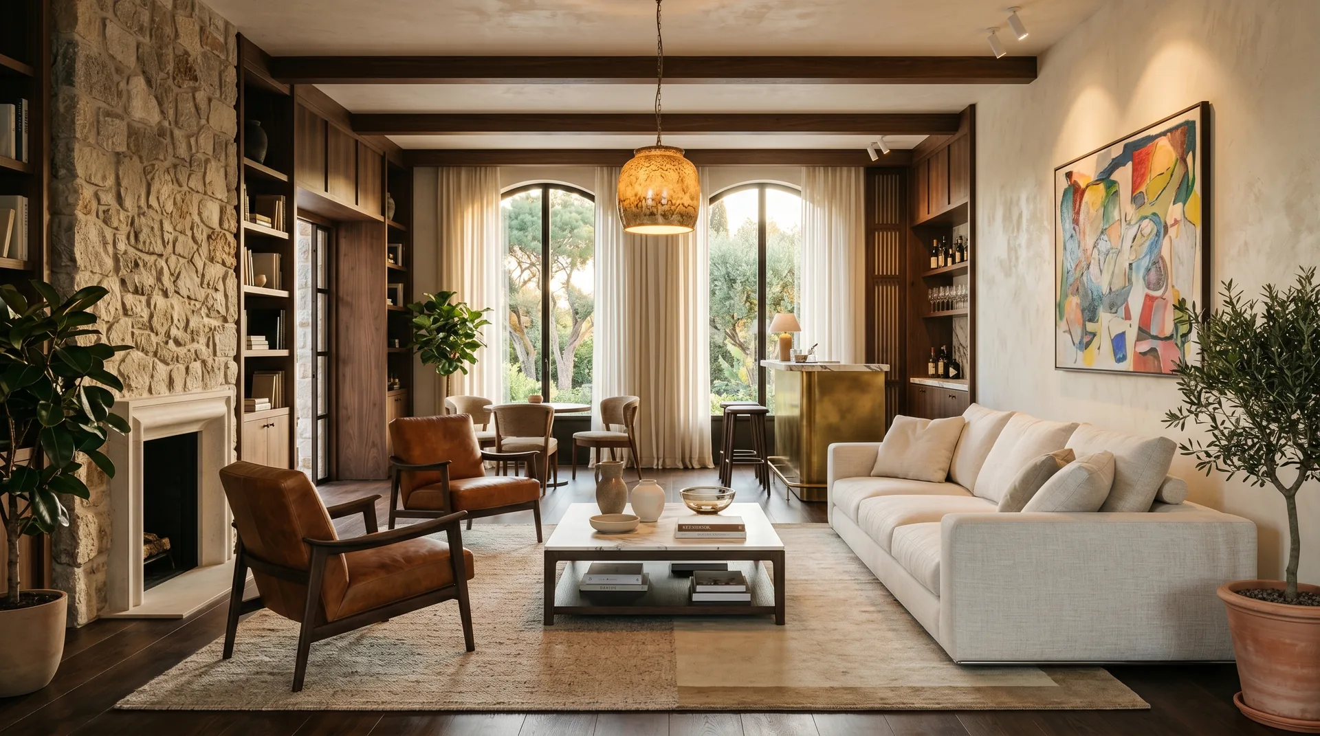 Lounge de hotel boutique con mobiliario Flexform Poliform y arte contemporáneo