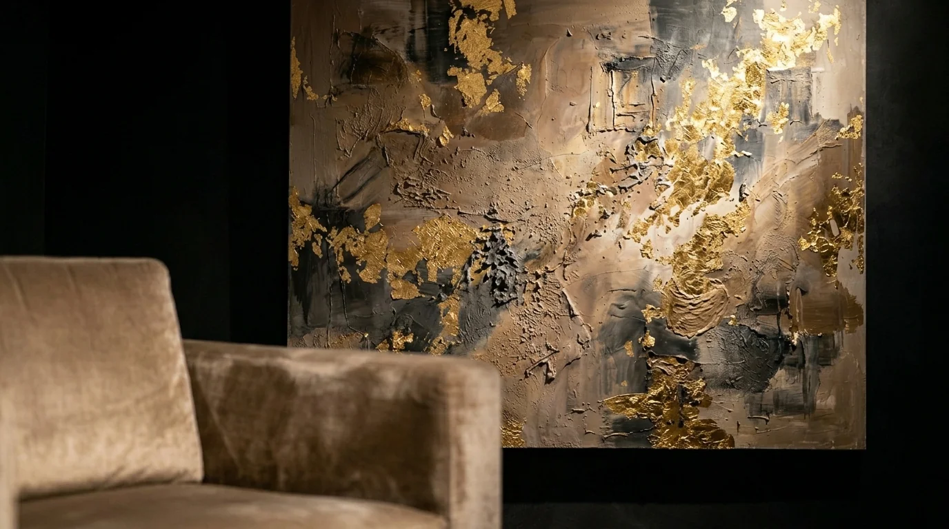 Obra de arte texturizada con pan de oro iluminada con luz cálida 2700K sobre muro negro
