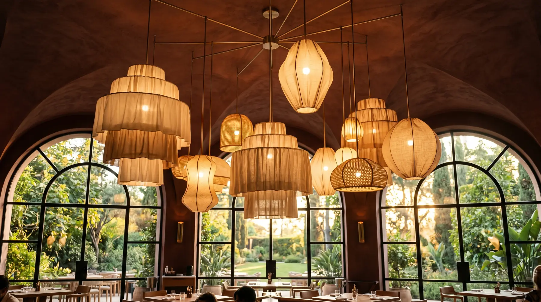 Iluminación atmosférica de restaurante de lujo con pendants escultóricos de tela en capas y luz cálida 2400K · diseño César Serrano
