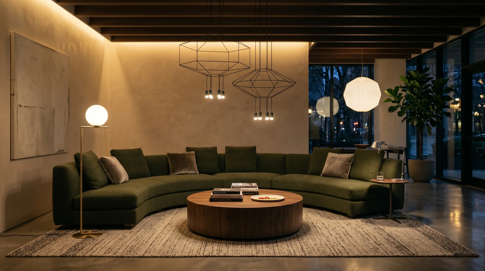 Lobby de hotel con iluminación escénica diseñada en capas, lámparas Vibia y Flos creando atmósfera