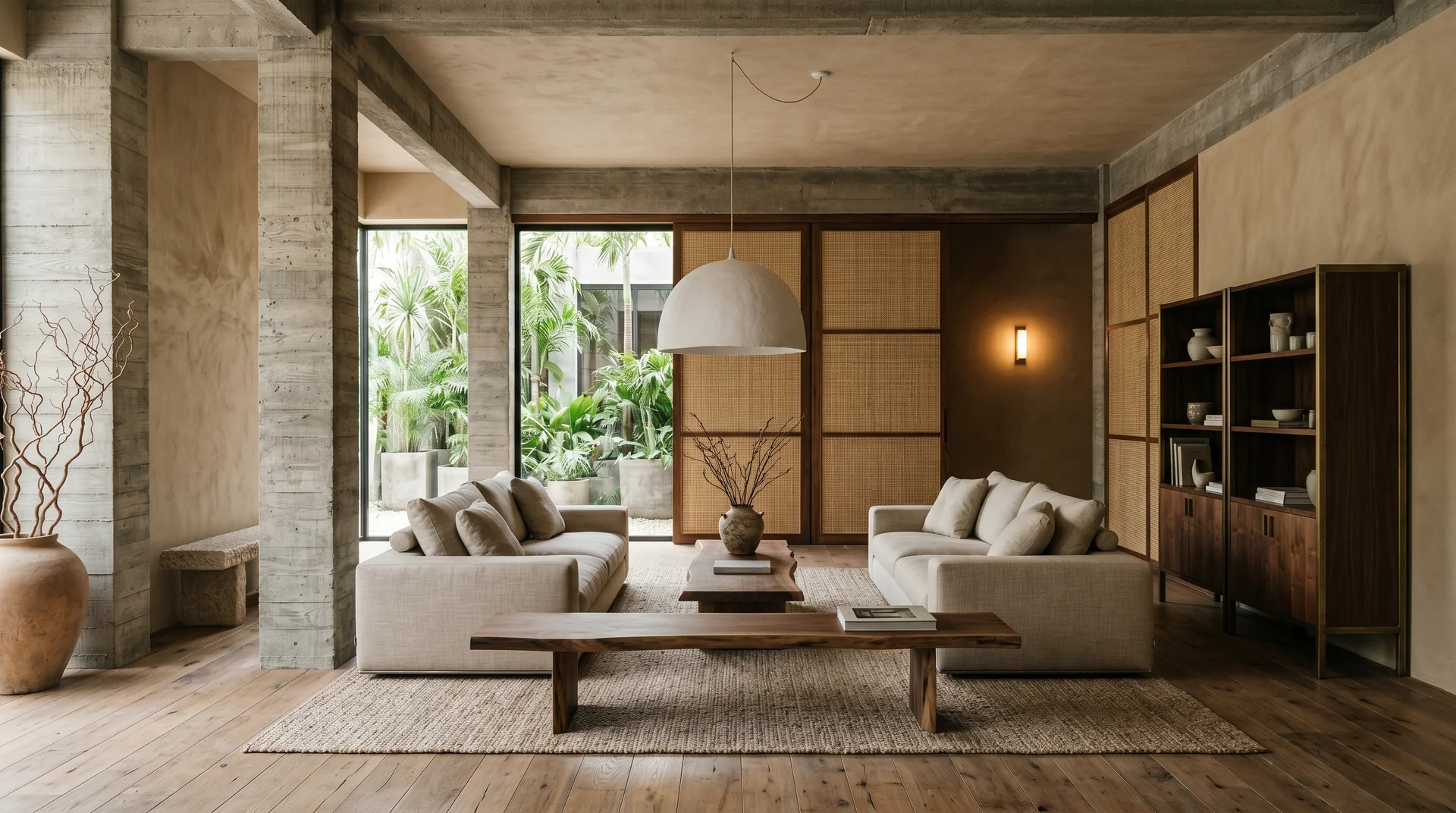 Lobby de hotel boutique con mezcla de wabi-sabi, japandi y modernismo italiano, mobiliario Flexform y Baxter