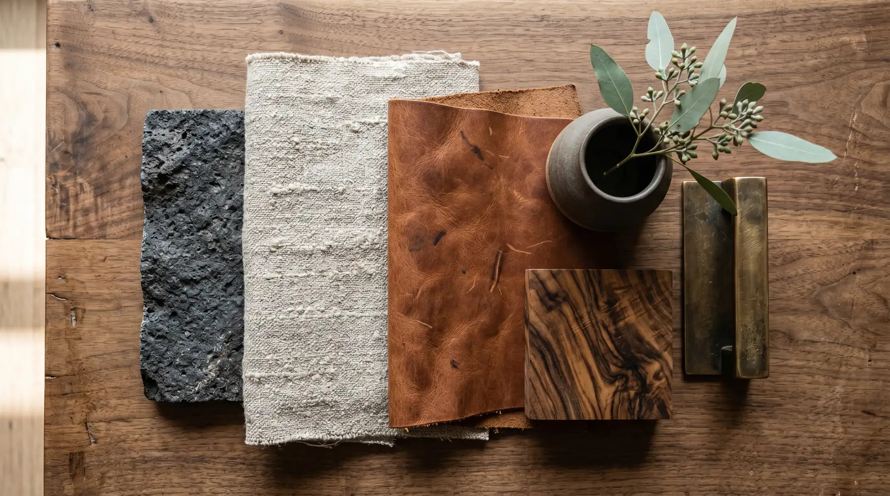 Detalle de materiales nobles en cabaña de lujo de Antioquia: madera maciza, piedra natural y lino · curaduría César Serrano