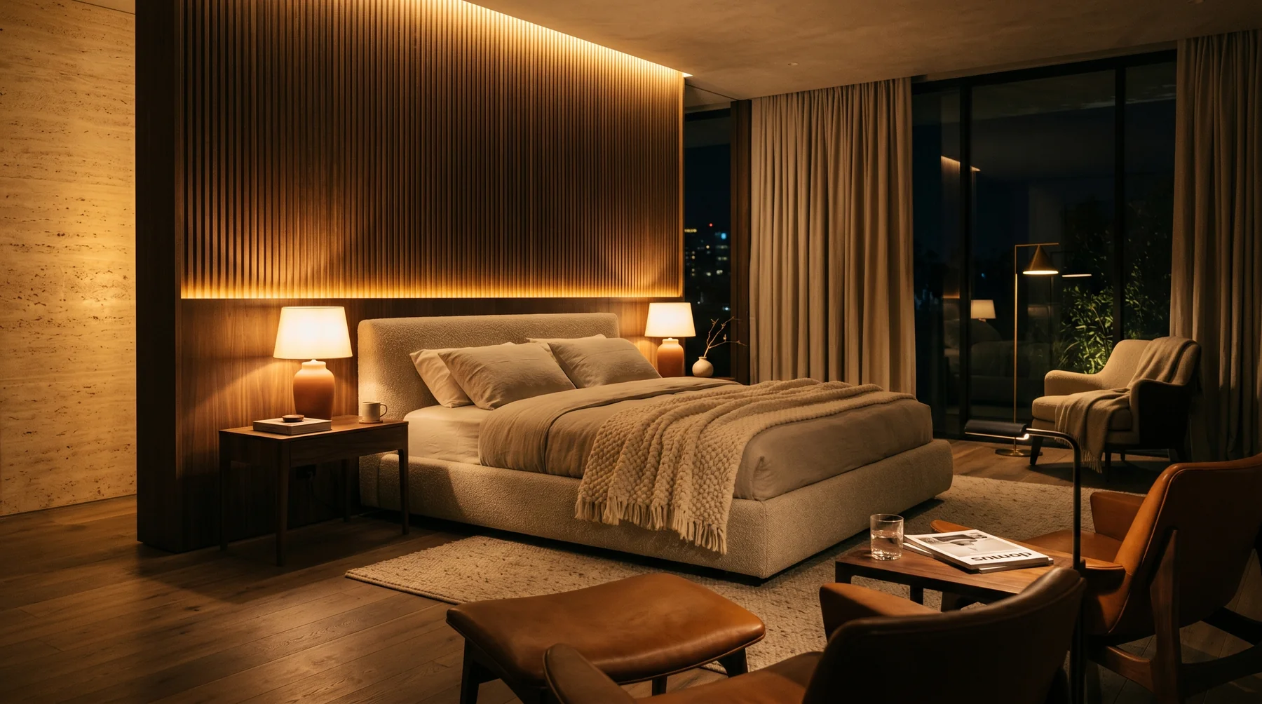 Dormitorio principal con iluminación cálida 2700K, lámparas FLOS y atmósfera serena · diseño César Serrano