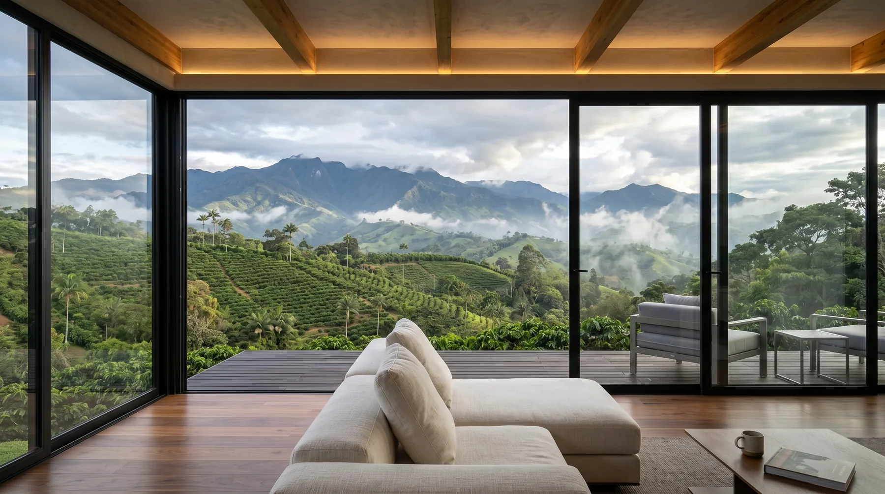 Ventanal panorámico de cabaña de lujo en el Eje Cafetero con vista a montañas y cafetales · arquitectura interior César Serrano