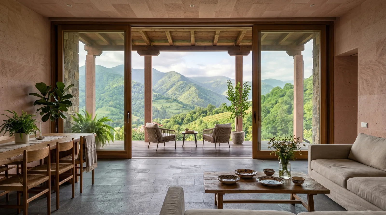 Interior en Armenia abierto a terraza y al verde de la montaña cafetera · diseño César Serrano