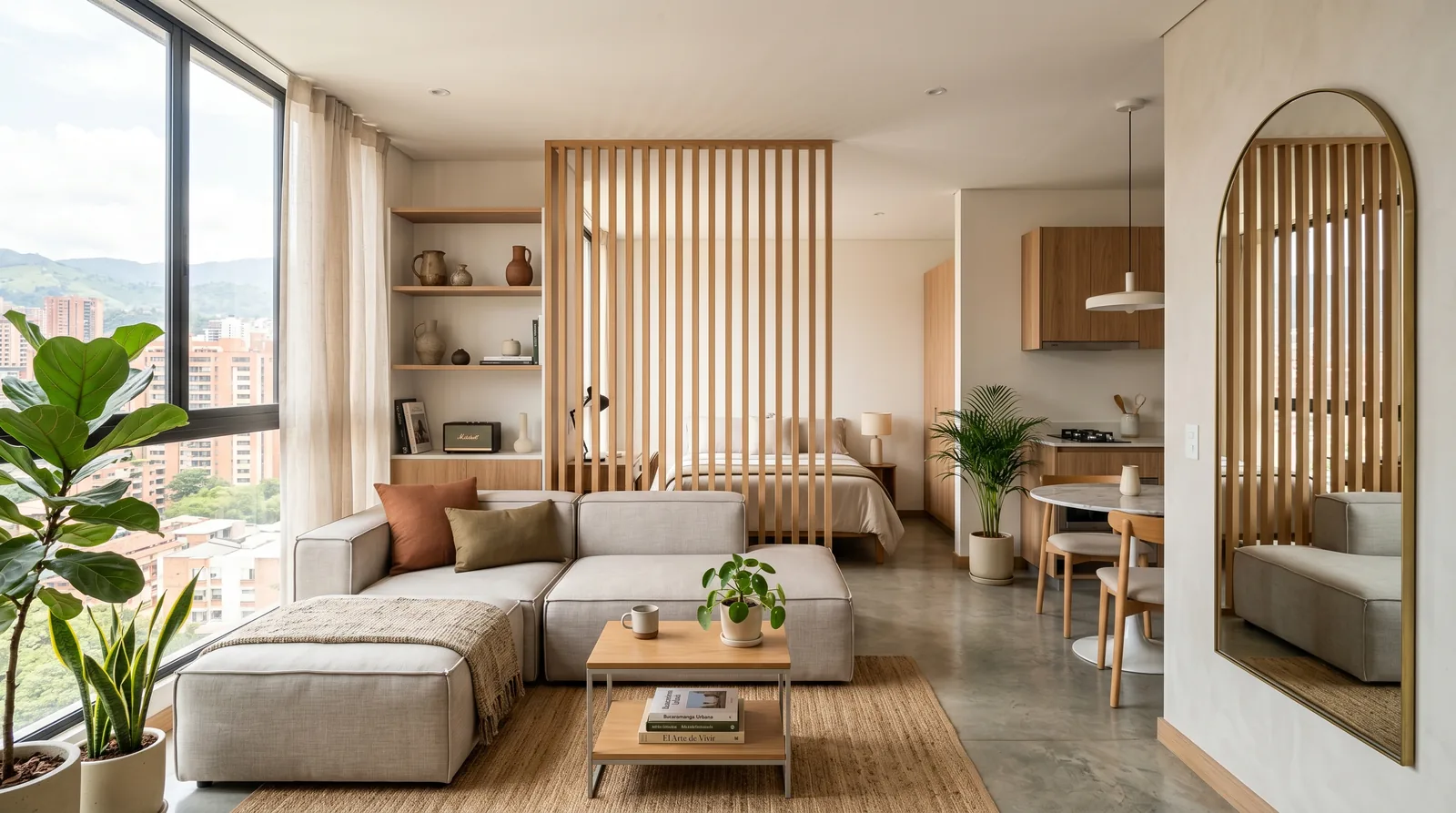Apartamento urbano en Bucaramanga con divisor de listones de madera y luz natural · diseño César Serrano