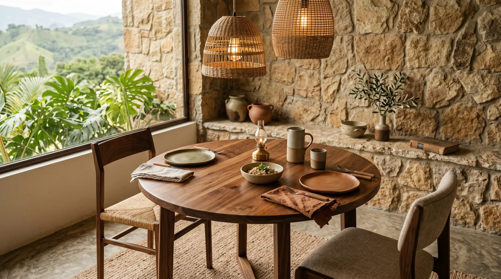 Rincón comedor de minimalismo cálido con madera, piedra y cerámica artesanal en Bucaramanga · diseño César Serrano