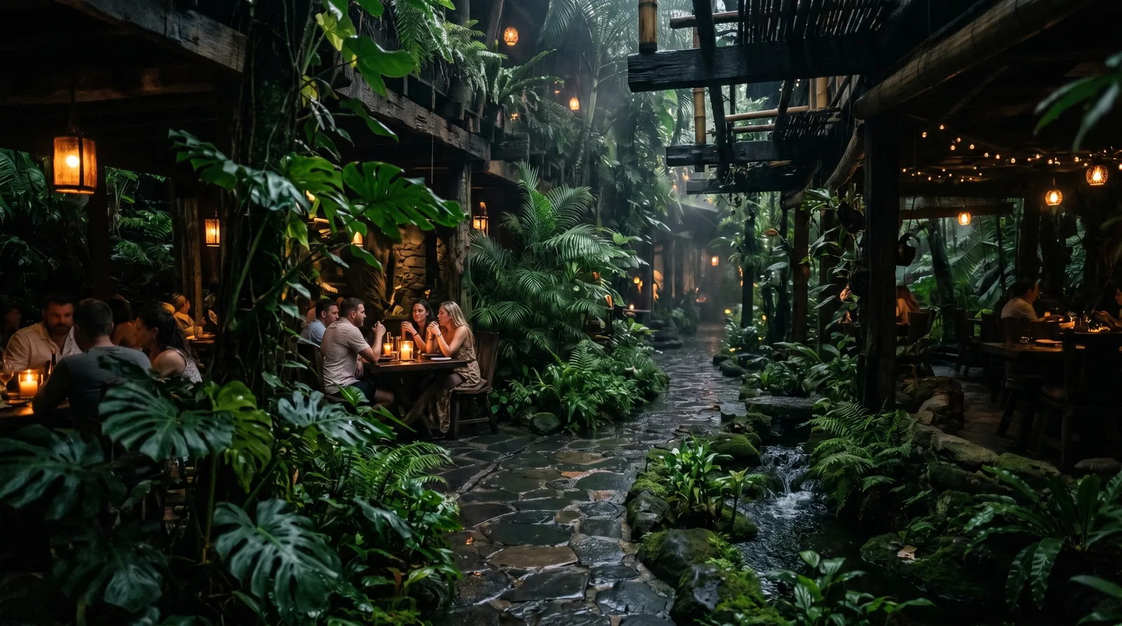Restaurante biofílico inmerso en vegetación tropical húmeda · diseño César Serrano