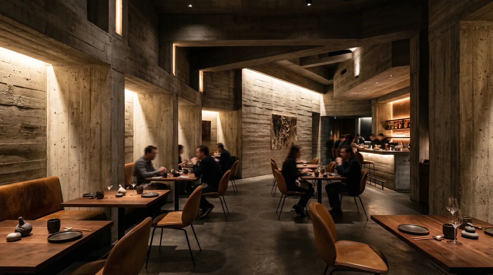 Restaurante de lujo en lenguaje brutalista con concreto a la vista · diseño César Serrano