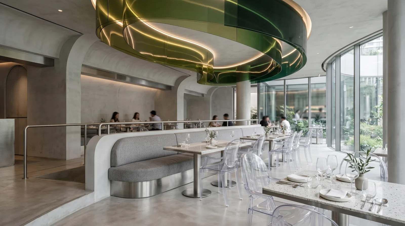 Restaurante futurista minimalista con acento escultórico verde · diseño César Serrano