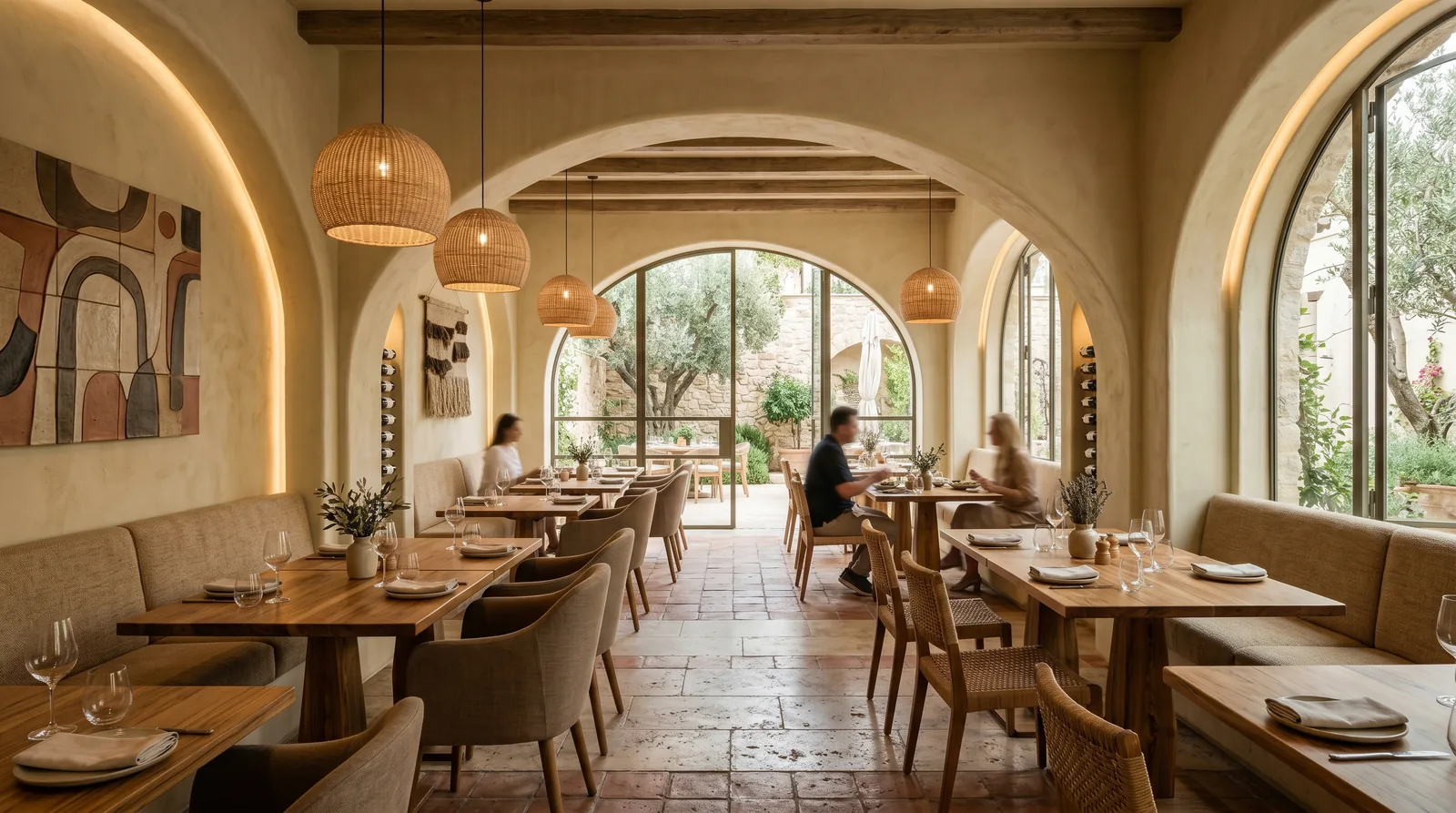 Restaurante de inspiración mediterránea con arcos y muros encalados · diseño César Serrano