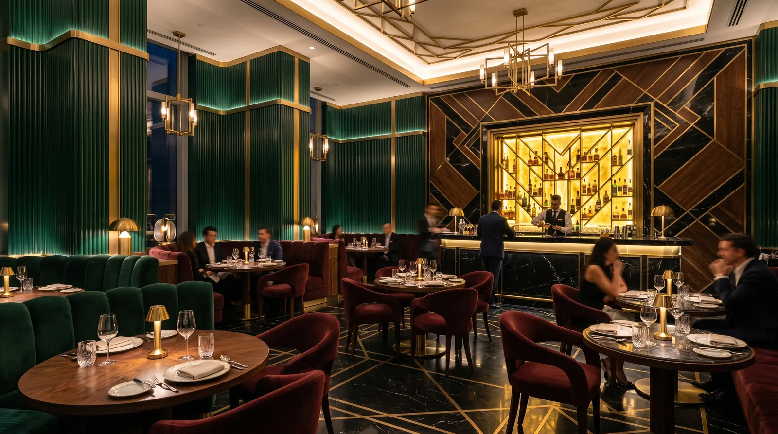 Restaurante neo art déco en verde esmeralda, latón y mármol · diseño César Serrano