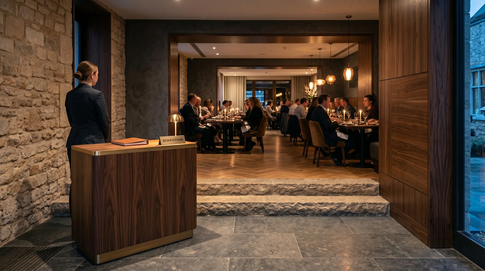 Umbral de acceso y recibimiento de un restaurante de lujo · diseño César Serrano