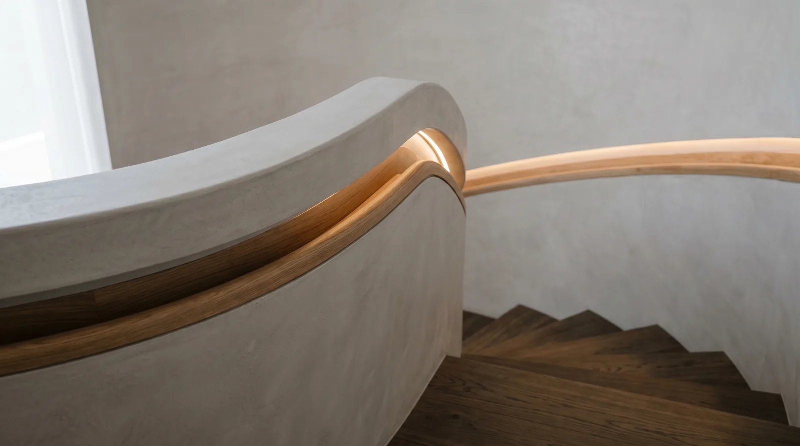 Baranda curva de microcemento con pasamanos de madera e iluminación integrada · diseño César Serrano