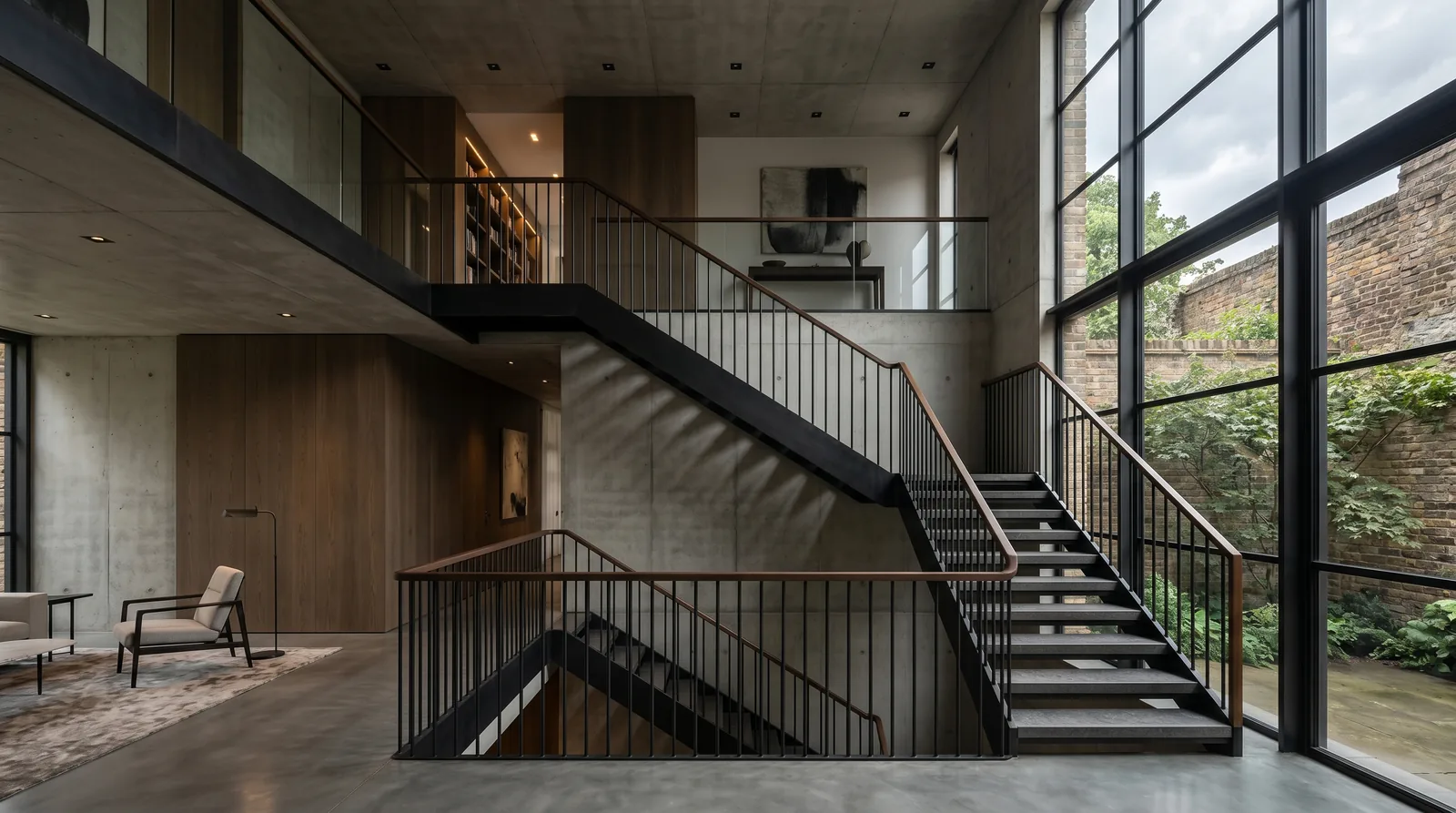 Escalera en U de acero y madera que conecta varios niveles en doble altura · diseño César Serrano